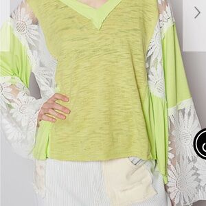 POL Green Asymmetrical Oversized Long Sleeve blouse with lace details